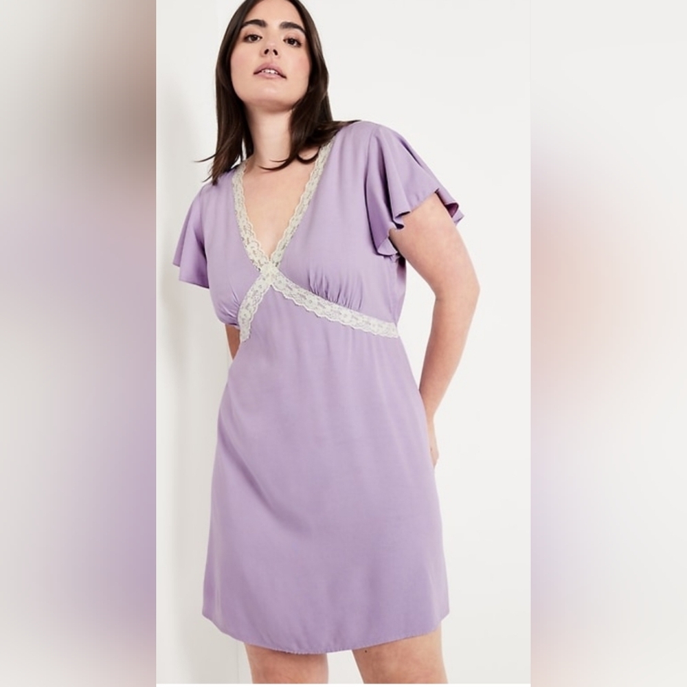 Old Navy Fit & Flare Soft Crepe Lace-Trim Mini Dress color Spring Wisteria NWT
